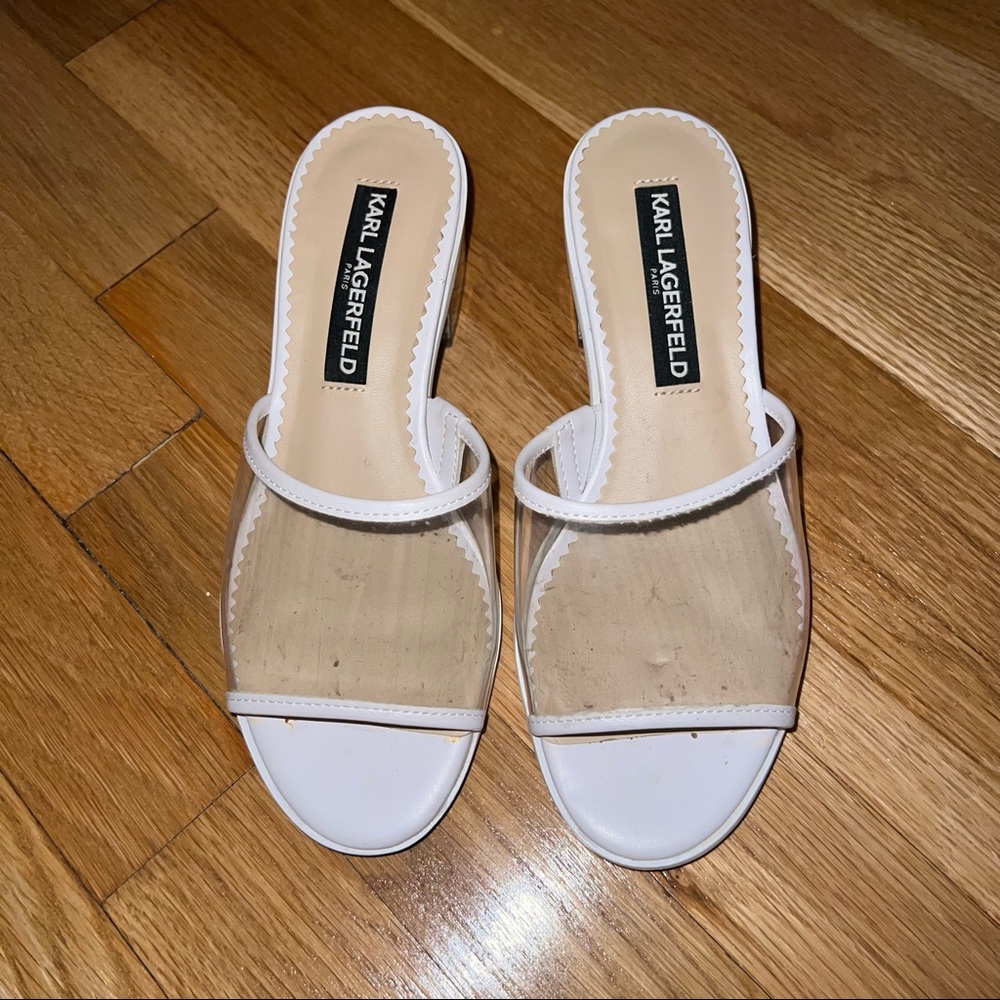 Karl Lagerfeld Paris Faina Transparent White Clear Block Heel Sandals Size 5